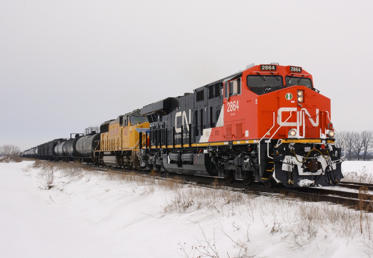 CN2864 and UP4663 east bound at Waterworks Road east of Sarnia.