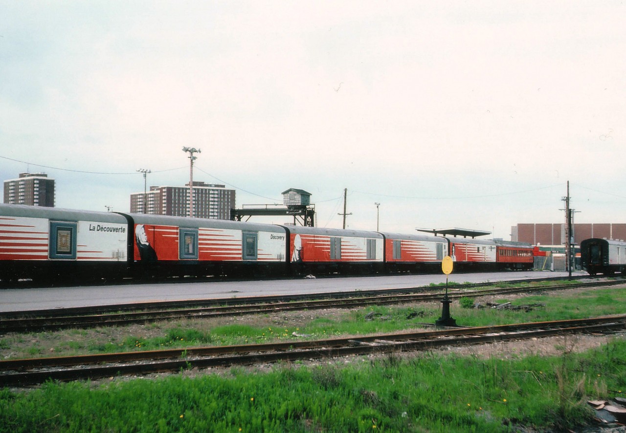 Another of those images one could consider 'historic' is this grab shot of a few of the 14 converted baggage cars that made of the "Discovery Train" which toured Canada in the late 1970s promoting our country. Previously, in the early '70s, ironically enough they were utilized as display cars on the American Freedom train. After the cross-country tours this well-received train set suffered the ignominious fate of rusting away on a couple of sidings near the central Ottawa VIA station, until being 'rescued' by the Union Pacific, which acquired them for work train service. The end of the line came in 1995, when the cars ended up being scrapped in Las Vegas, Nevada.