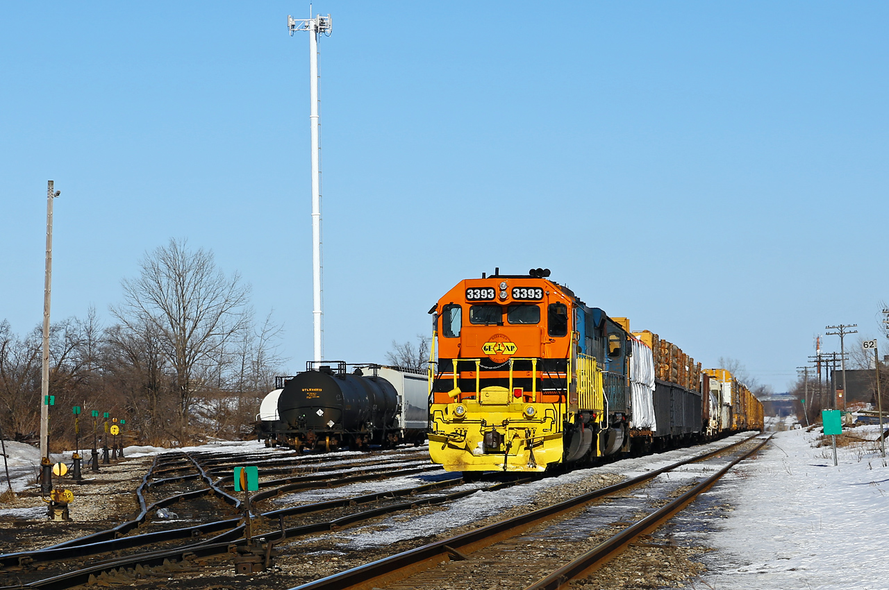 GEXR's daily westbound freight is seen here tied down in the yard at Kitchener, with the newest G&W repaint in the lead. With no work further west, the crew tied the train down and cabbed it back to the office.