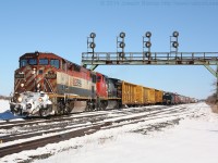 CN 331 pulls under the signals at Paris West with BCOL 4607 on the point.  The day before a snow storm dropped up to 20cm of snow in some places making for a wintery scene in the middle of March.