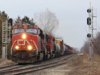 CN 422 is nothing short of 3 miles long today, with approximately 200 cars. CN 2289, 5411, 8841 head up this massive train as it charges through Jordan. In the distance on the south track is CN 331, hot on 422's tail. It was so close behind it would have to sit at Jordan for over 10 minutes so 422's block could clear. It is very rare for freights to follow this close to each other on the CN Grimsby Sub east of Stoney Creek, today was a nice exception. 
