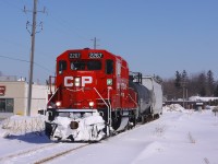 CP 2267 (currently leased to the OBRY) leads two cars through Orangeville after their trip north from Streetsville.
