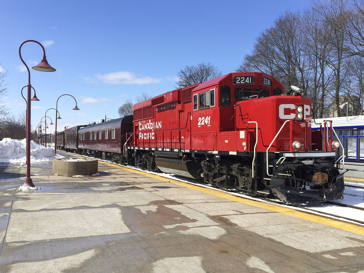 CP 2241 pushes the CP track evaluation train through Montreal West station. I was caught without my camera, but did have my iPhone with me. Made it to to the platform with seconds to spare, it headed towards the Vaudreuil Sub just a few seconds after I arrived at Montreal West station. For more train photos, click here.