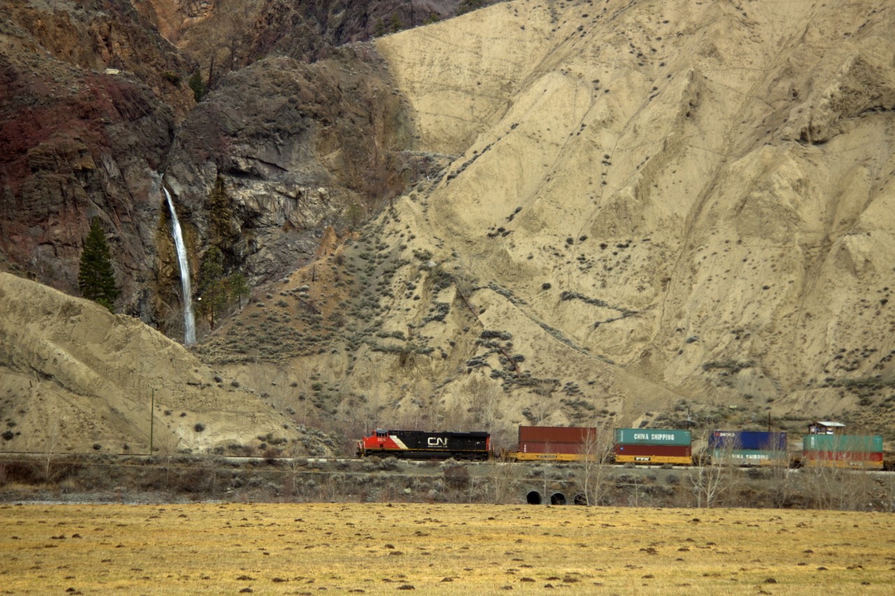 Westbound C.N.R. container train in Thompson River Canyon.