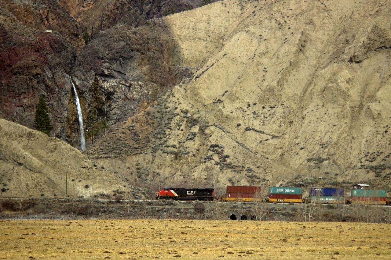 Westbound C.N.R. container train in Thompson River Canyon.