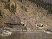 Westbound C.P.R. coal train, on C.N.R. shared trackage, in the Thompson River Canyon near Gold Pan Provincial Park.
