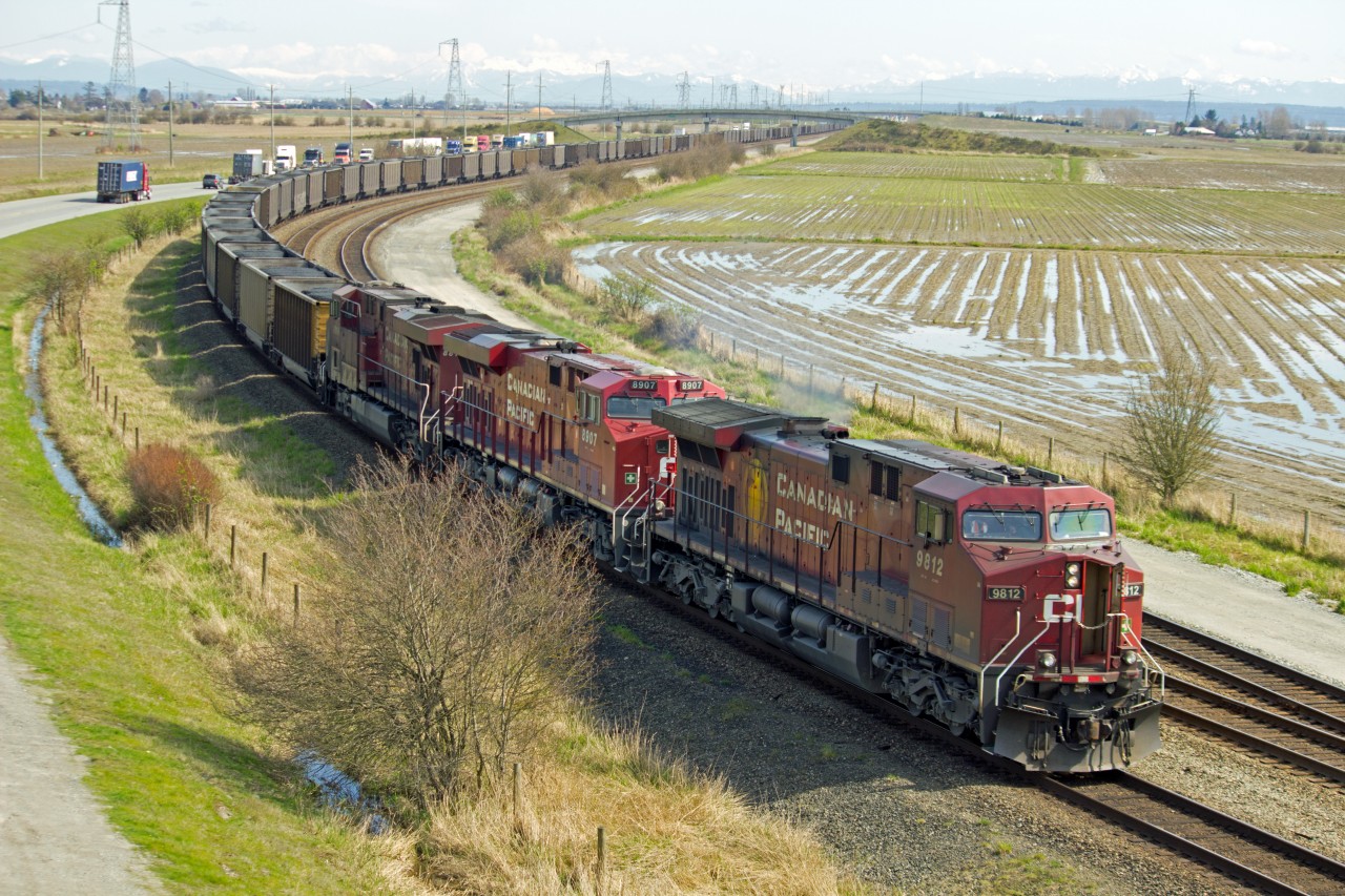Near the end of the line.  C.P.R. coal train on the outskirts of rail yard at the Roberts Bank Terminal.