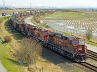 Near the end of the line.  C.P.R. coal train on the outskirts of rail yard at the Roberts Bank Terminal.