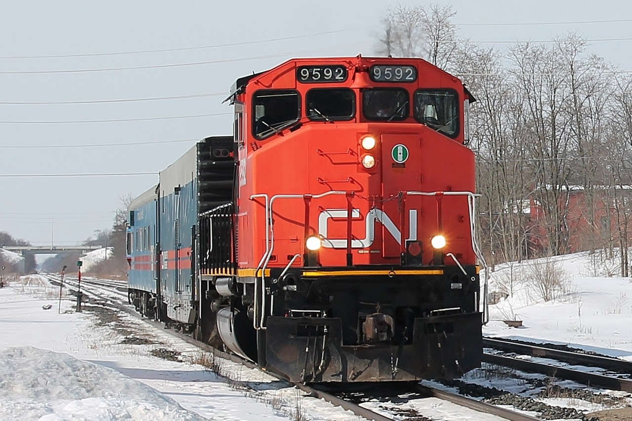 Somedays just can't get any better! I had no sooner put the car into park and grabbed the camera than 149 sped into view with 5 locos:- CN5719,IC1011,CN8885,BNSF6590 & CN8832. Then 5 minutes later this engineering train headed in the other direction on the same track. In the 90 minutes before I departed there had been another 2 eastbound freights, an eastbound VIA all using the south track!