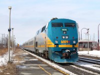A classic leader for VIA Rail, a P42DC bursts into Dorval stopping quickly and then continuing eastbound to Montreal.