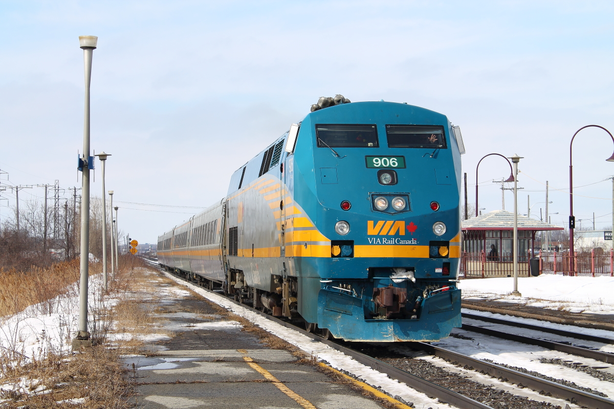 A classic leader for VIA Rail, a P42DC bursts into Dorval stopping quickly and then continuing eastbound to Montreal.