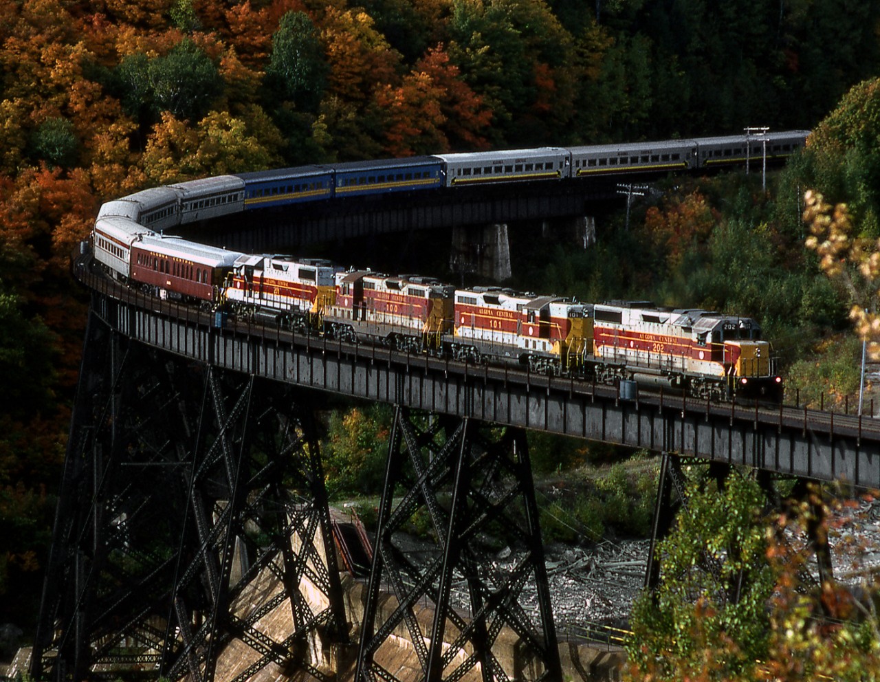 Southbound Agawa Canyon Tour train crosses the trestle over the hydro dam at Montreal Falls.
