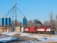 Not often can you shoot OSR in perfect evening light but today was the day, working late, three Ontario Southland Railway units pull out after switching Sanimax.
