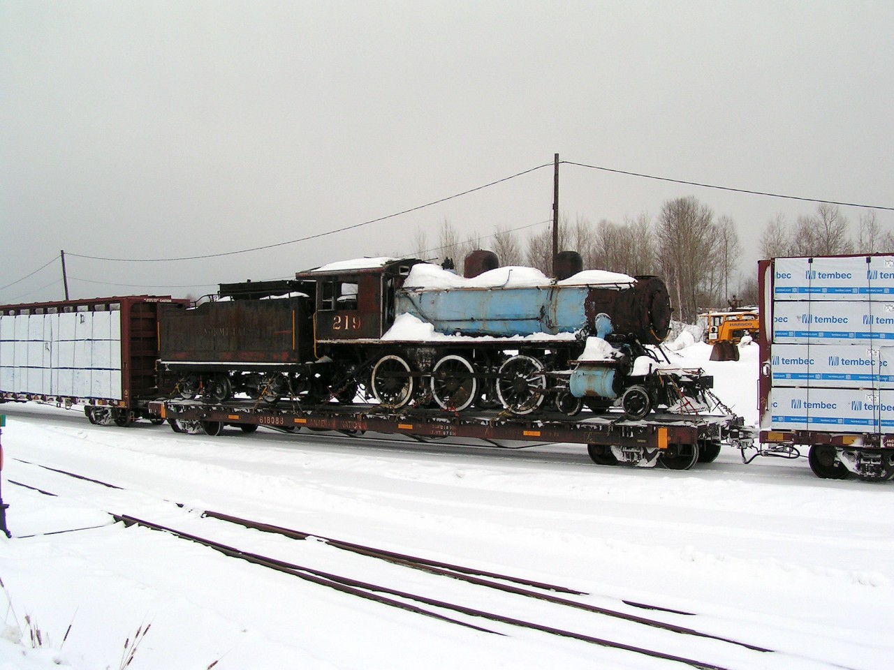 T&NO #219 enroute to Capreol, Ontario. This old steam engine sat in the ONR Cochrane yard for deacades and it's getting a new life at the Northern Ontario Railroad museum and Heritage centre.
