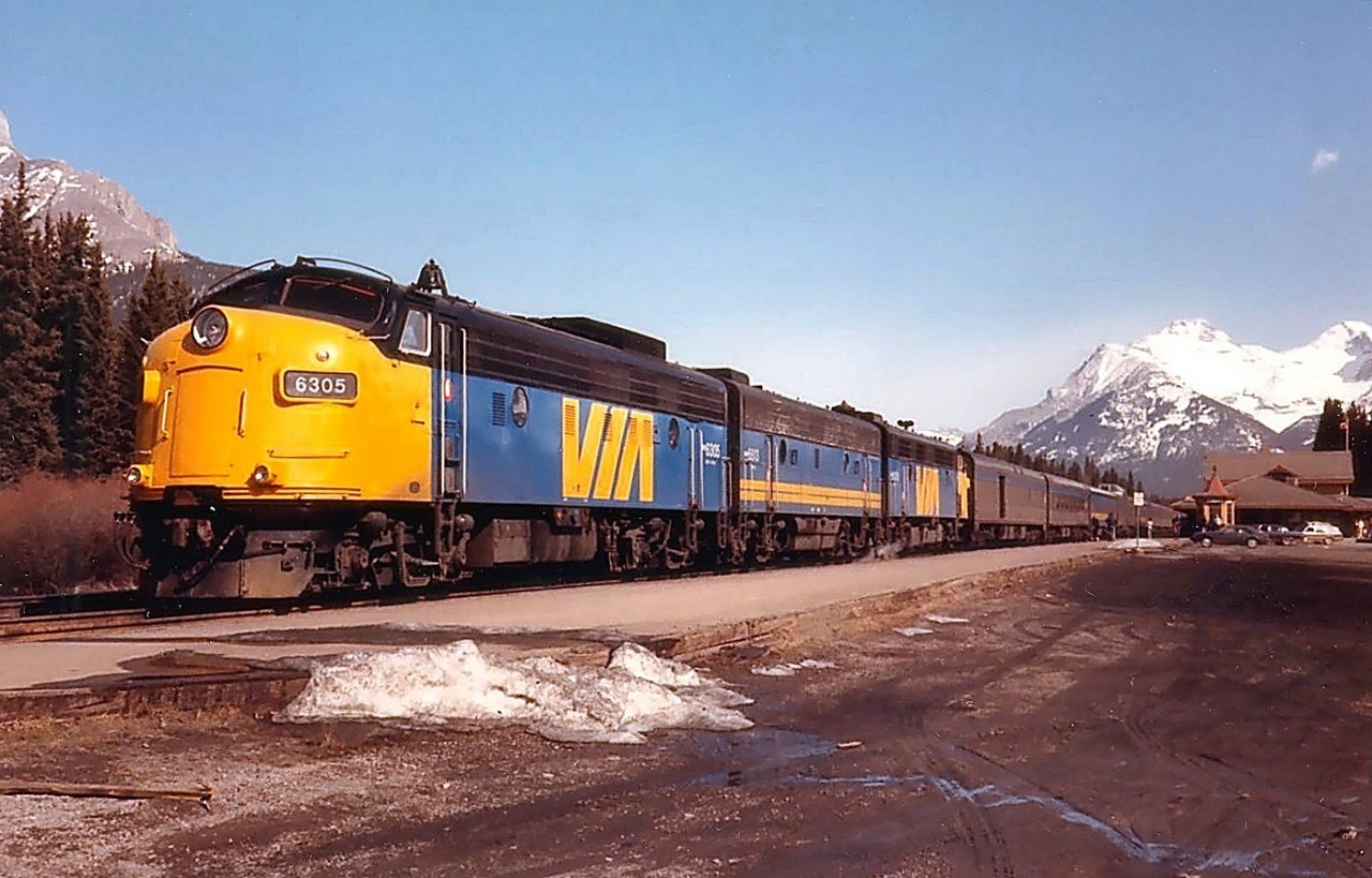 VIA 6305 is ready to depart Banff for Vancouver in the spring of 1985.