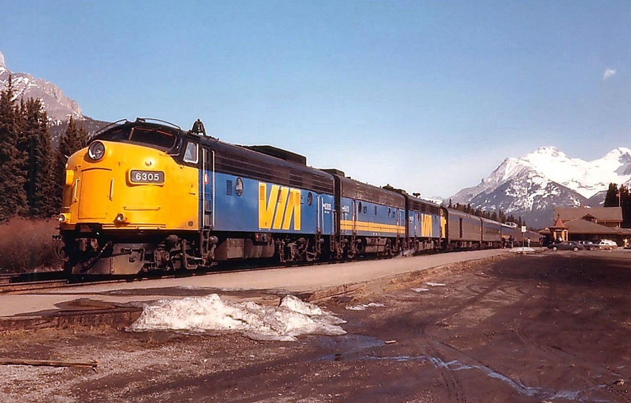 VIA 6305 is ready to depart Banff for Vancouver in the spring of 1985.