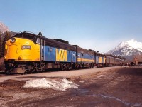 VIA 6305 is ready to depart Banff for Vancouver in the spring of 1985.