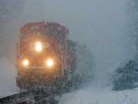 In the mist of a heavy snow squall, CP2241 leads the TEC Train south on Canadian Pacific's Hamilton Subdivision.