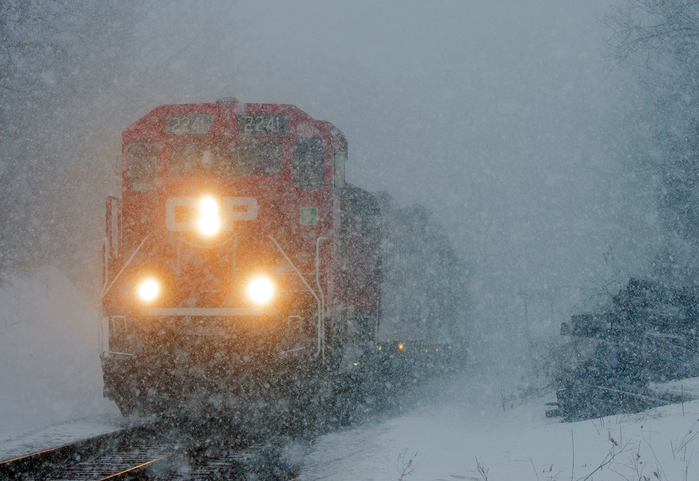 In the mist of a heavy snow squall, CP2241 leads the TEC Train south on Canadian Pacific's Hamilton Subdivision.