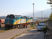 VIA 6436 and 6451 arrive on time with 20 car Vancouver to Toronto train 2, The Canadian, at Jasper Alberta.