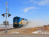 Approaching Pump Road, VIA 920 with Toronto to Windsor train 71 kicks up the snow at mile 77.32 on the VIA's Chatham Sub. 