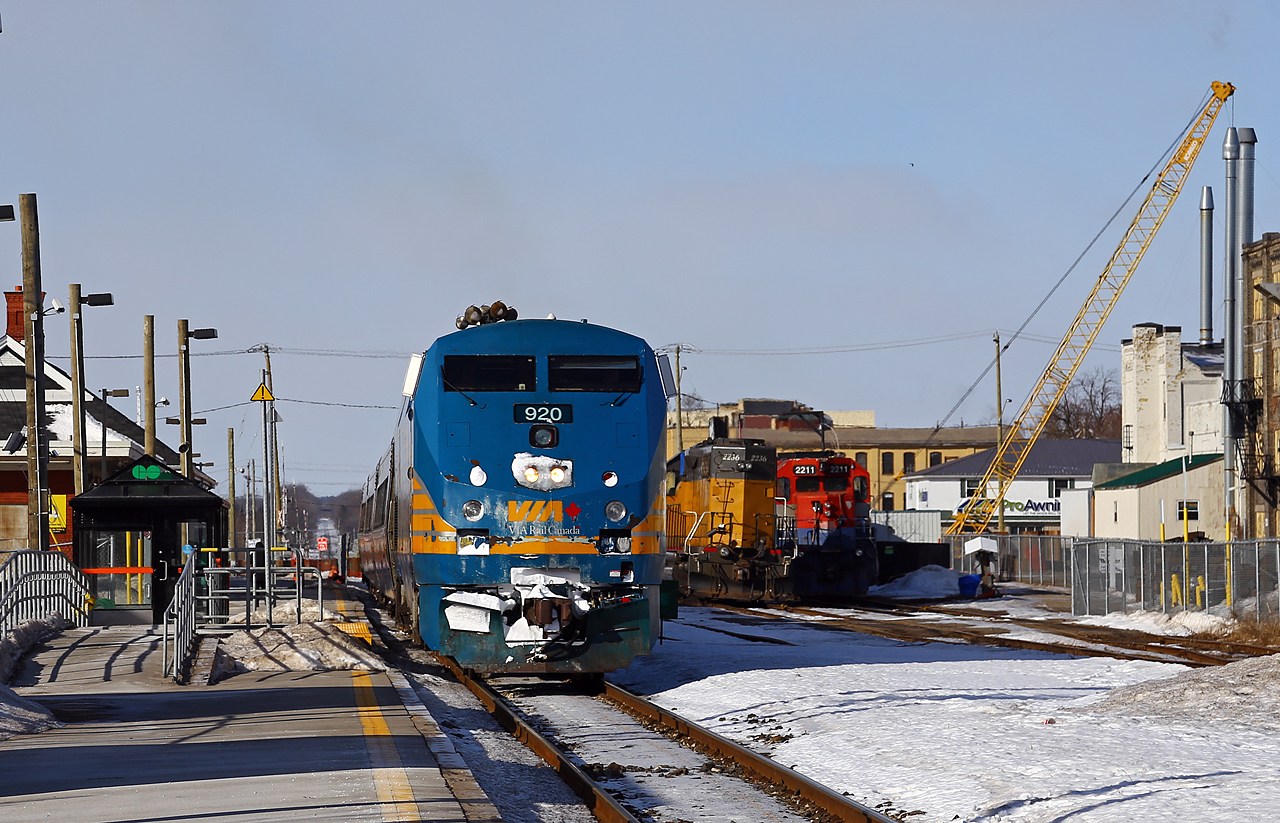 Running almost an hour off the advertised after delays as Sarnia and London, VIA 84 departs Kitchener on a very cold (but at least sunny!) morning.