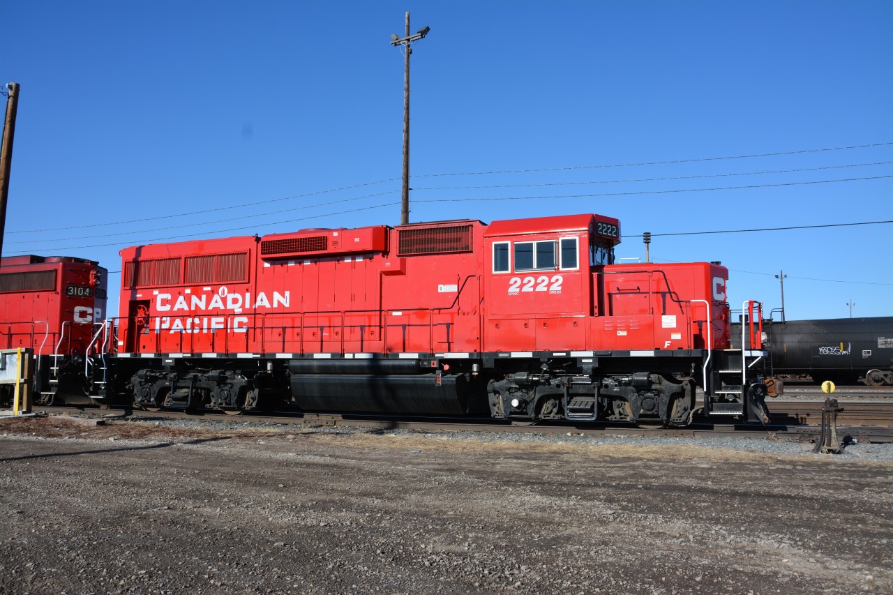 CP GP20C-ECO 2222 enjoys the afternoon sun (with CP3104) at Alyth yard, Calgary, AB on April 12, 2014