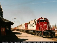 With an all SOO lashup, led by SD40-2 #6613, CP train #500 has crested the top of the grade coming out of the Windsor/Detroit tunnel and is passing by the old Windsor South station while on it's way from Chicago to Montreal. 