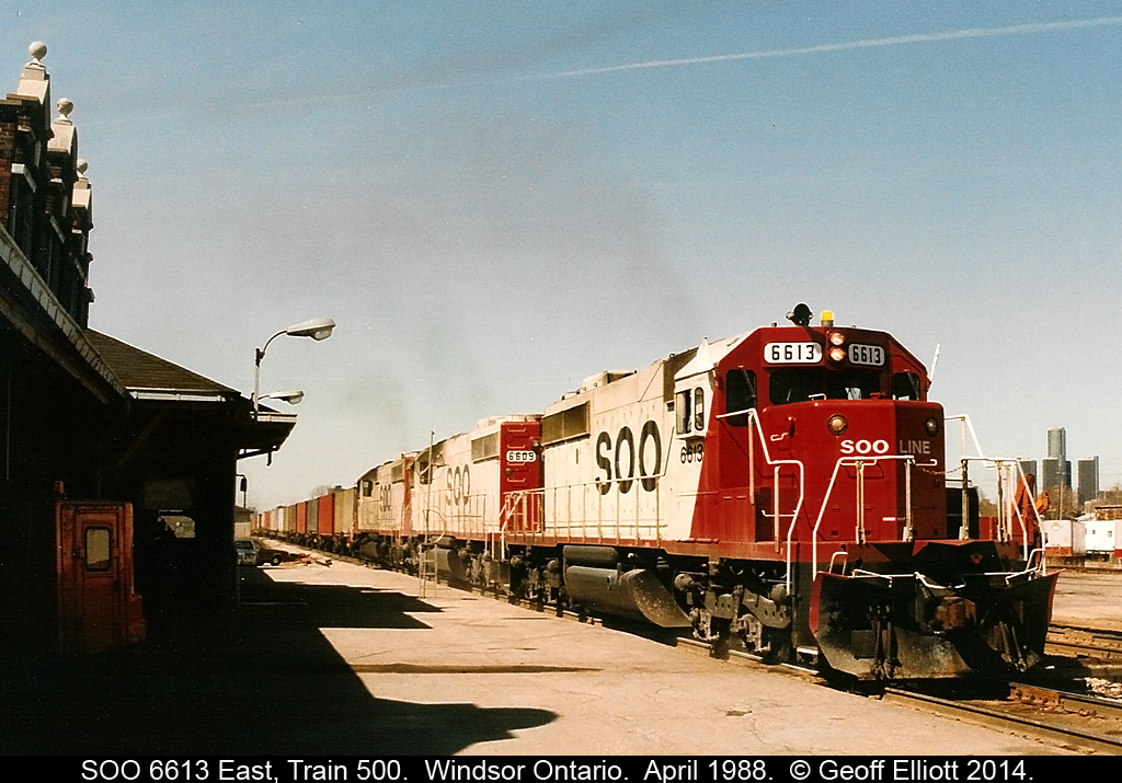 With an all SOO lashup, led by SD40-2 #6613, CP train #500 has crested the top of the grade coming out of the Windsor/Detroit tunnel and is passing by the old Windsor South station while on it's way from Chicago to Montreal.