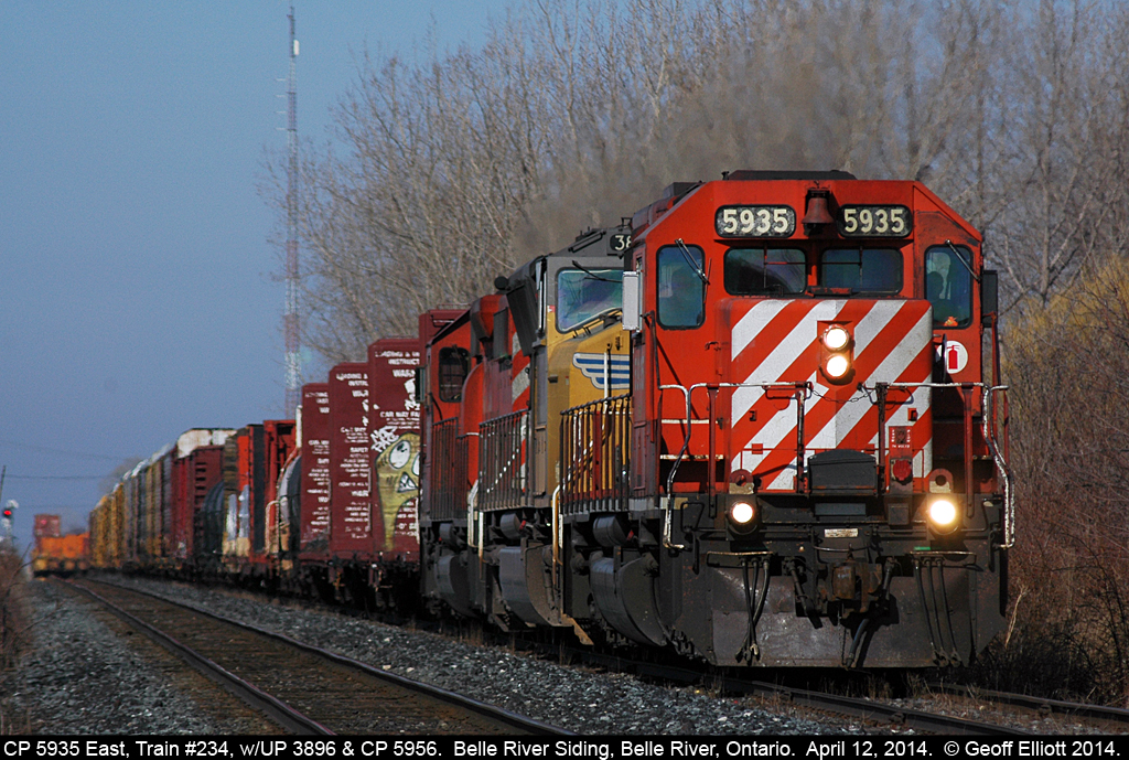 CP 5935, leads and all London built GMDD consist on train #234 as it pulls into the siding in Belle River on April 12, 2014.  Along for the ride today are UP SD70M #3896, and CP SD40-2 #5956.  Nice to see a little added color on the CP as of late.  Fortunately I didn't have to go far to take this shot.....  ;-)