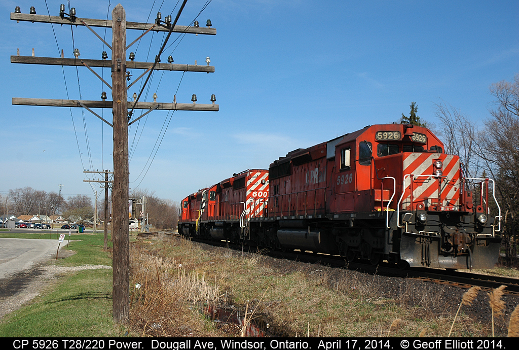 CP 5926 shoves back into CP's Windsor yard after having delivered train 220, a re-routed grain extra from Thunder Bay, over to the CSX in Detroit during the early morning.
