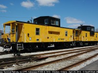 Essex Terminal Railway, ex-CPR Angus Shop built cabooses, #1600 and 1610 bask in the mid-day sun as they spend there last few hours lettered for the ETR.  These cabooses will be relettered WCRX 1040 and 1042 for their movement off the property and to their new owner Waterloo Central Railway.