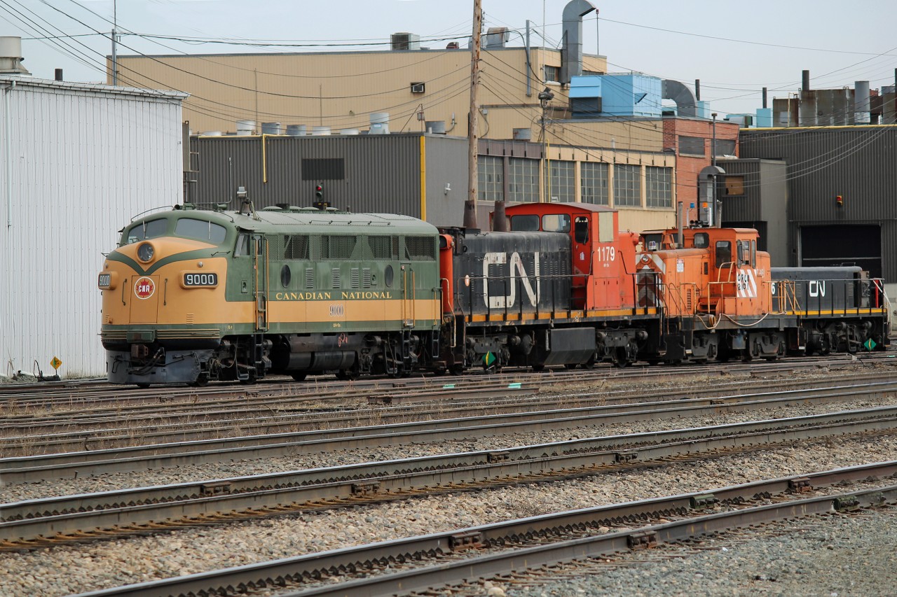 Ex-CN F3A 9000, ex-CN/NAR GMD1m 1179 and ex-Altasteel/Stelco GE 80T 52 seen at CN's Walker Yard. Owned by the Alberta Railway Museum They are presumably waiting mainteance attention before the fast approaching summer season.