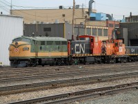 Ex-CN F3A 9000, ex-CN/NAR GMD1m 1179 and ex-Altasteel/Stelco GE 80T 52 seen at CN's Walker Yard. Owned by the Alberta Railway Museum They are presumably waiting mainteance attention before the fast approaching summer season.