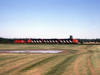To follow up on Arnold's great Ferguson Avenue photo of the CN Steel Train, here's a photo of it running along the Hagersville Sub near Rymal on the Niagara escarpment, with a nice matching zebra-striped A-B-A set lead by CN 9173.
<br><br>
[<i>Editor's notes</i>: CN for a time ran the Steel Train out of Hamilton with matching A-B-A sets of F7 units. While they were poor for switching, crews reportedly didn't mind as there was little switching done with the train. Occasionally a GP9 would be substituted for an ailing F.]
<br><br>
<i>Note: Geotagged location not exact.</i>