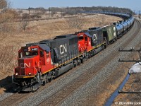 CN 5480 and 5466 lead 711's train through Lovekin, Ontario. 1451hrs.