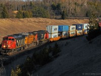 Working hard up the grade to McCowans, CN 5523, UP 6812, and CN 5606 work a large 149 through the west end of Beare. Since getting the long held OOCL contract from CP, 149 has swelled and started to draw a trio of units most days (that I see it at least) instead of the pair that has been typical for a good number of years. It's also not lifting Oshawa as often anymore.
<br><br>
With the growth of trees here over the years is making it harder and harder to shoot here in the sun, with this train only doable by going long to avoid the shadows. Thank you Delic for the, as usual, spot on heads up of the UP unit on this guy, and thank you CN for putting the most interesting unit on point. 1813hrs.