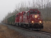 T10 (being called the management turn) pulls up the grade at Ajax with an endangered 8223 on the point. The dark, wet and gloomy day seem fitting for the GP9u, which is leading what it will soon become; an eco.