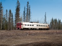 Testing tracks at Canadian Nationals North End, venerable RDC-1 15016 dips in the deep wilderness of Northwest Territories as it leaves Hay River town on its way south.