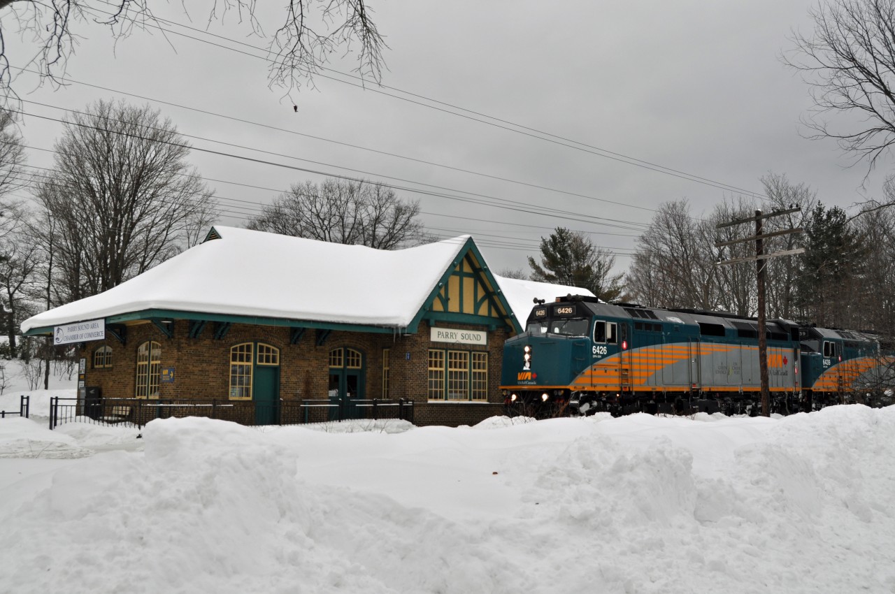 Via Number 2 makes a quick stop to drop off passengers at Parry Sound, enroute to Toronto from Vancouver.