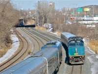 <b><i>VIA meet.</i></b> At left an unidentified P42DC heads east with a slightly late VIA 52. It passes VIA 6426 heading west with VIA 59. For more train photos, click <a href=http://www.flickr.com/photos/mtlwestrailfan/>here.</a>