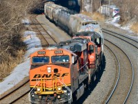<b><i>BNSF where you least expect it.</i></b> With the influx of oil trains into Quebec, BNSF power can pop up when and where you least expect it. BNSF 6236, which came into Montreal last night on an oil train, is being used by CN on a local transfer from the Port of Montreal to Taschereau yard. Trailing are two CN geeps: CN 7019 & CN 4726. For more train photos, click <a href=http://www.flickr.com/photos/mtlwestrailfan/>here.</a>