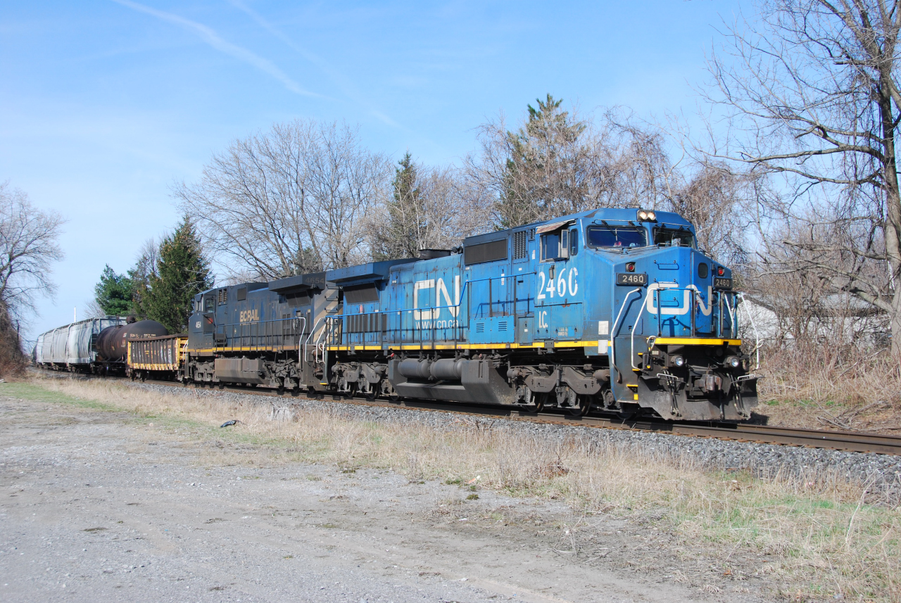 It's a blue Easter Sunday in Niagara with CN M331 lead by IC 2460 in LMS blue and matching the blue skies, with blue BCOL 4654 bringing up the rear for good measure.