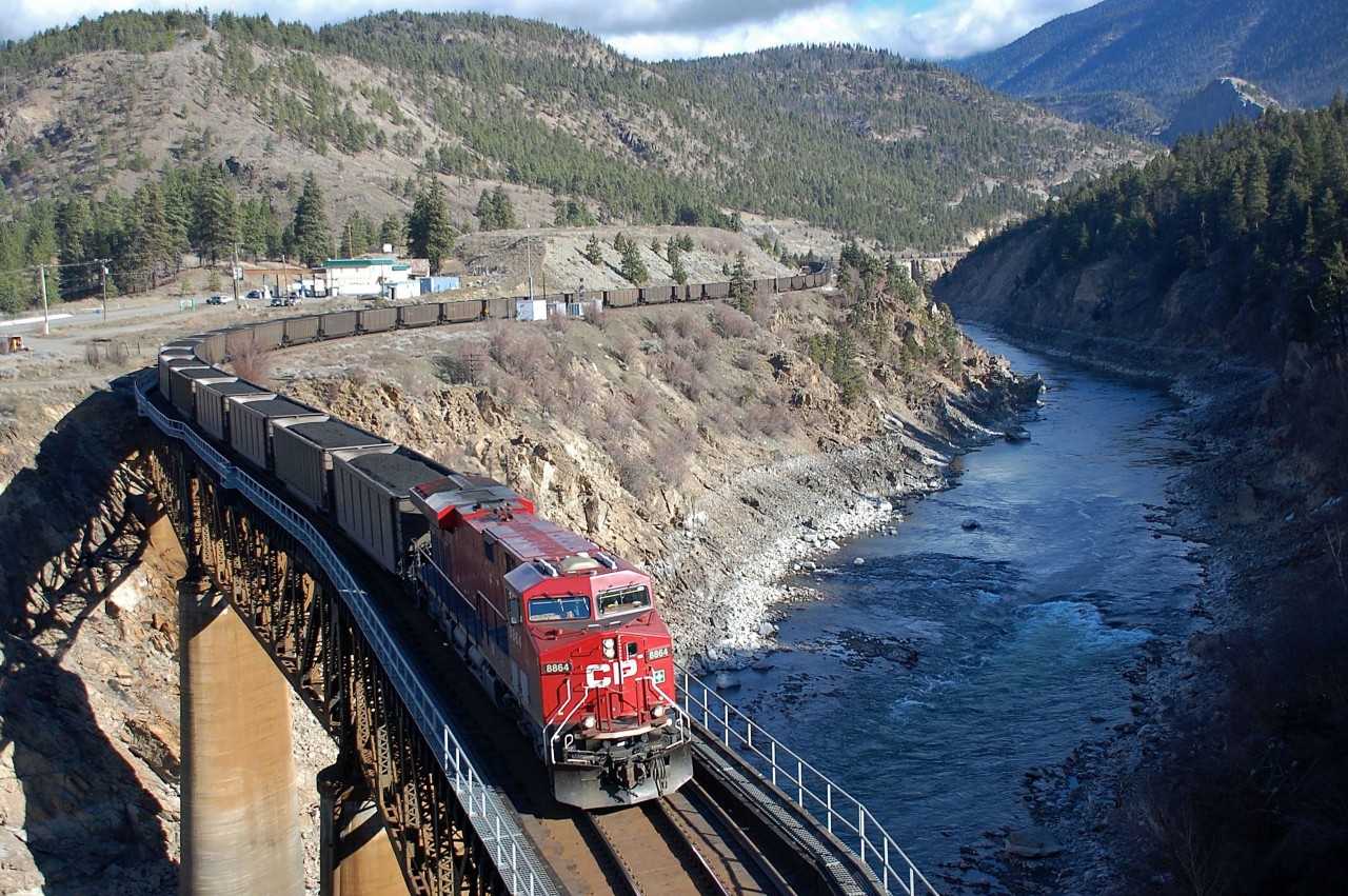 CP 8864 is seen crossing the CN bridge @Lytton in charge of a westbound coal train.
