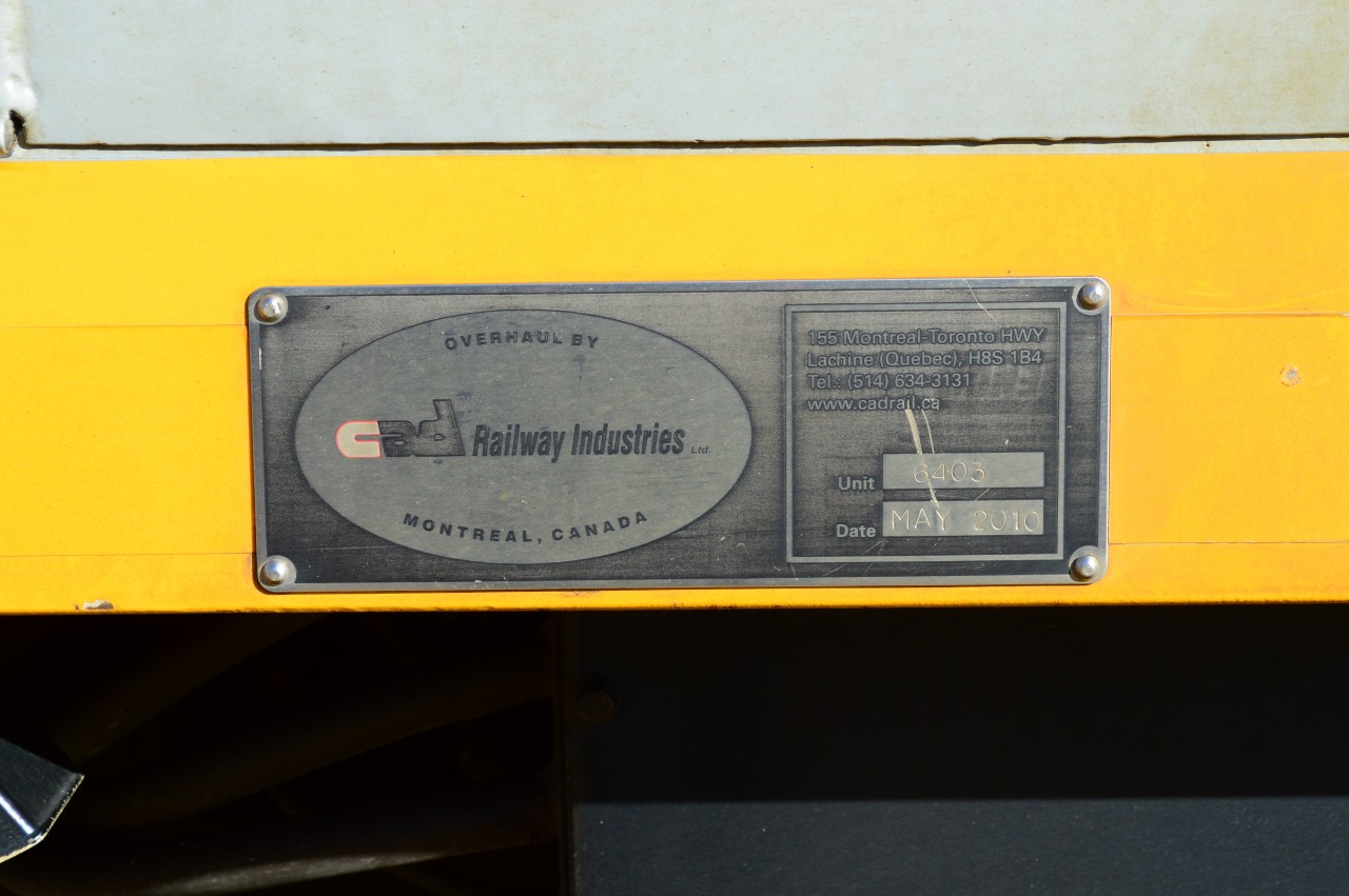 Just another F40...until I got home and reviewed the day's action....


The CAD Railway Industries Ltd. May 2010 re-builders plate on (the new) Via 6459 records the unit's true identity.


Via unit 6403 was built December 1986  by GMD model  F40PH-2,  serial #A4600.


So....6403 Lives!.... disguised as Via 6459....check out that new $10. Bank of Canada note in your wallet.


On train 84 at Kitchener April  6, 2014.


Image by S.Danko.