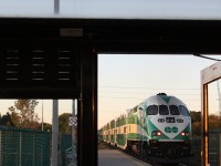 The passengers have hopped off and hurried to their cars, the doors have closed, and the last train of the evening on GO Transit's Barrie Line blasts out of Rutherford Station, with MP40 618 on the tail end howling past empty shelters and deserted platforms at last light.