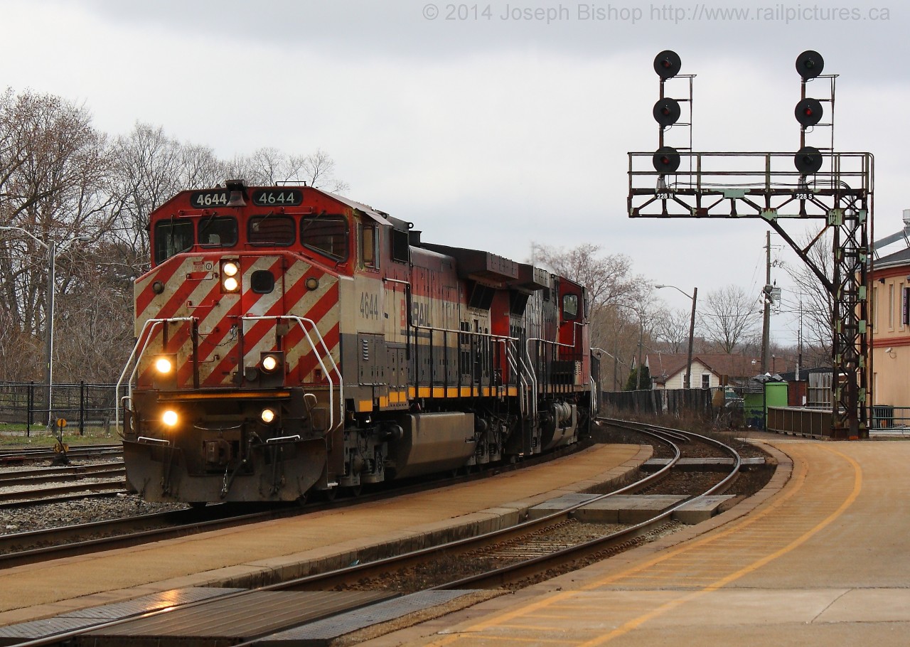 BCOL 4644 leads CN 331 by Brantford just after 3 in the afternoon.  4644 is one of four Dash 9-44CWL's that BCOL purchased in 1995 and is one of the three remaining in BCOL paint.  It was a good catch for what will most likely be my last train of April and right before an exam as well!