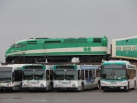  Go 657 EB sits at Thickson road on Good Friday. Not so good on GO Transit though. Single tracking to and from Oshawa station, with a down signal block. Switches having to be placed manually, lined and locked for the route to be used causing delays and a comedy show as well. One crew men's switch key not opening the lock, a rusted keeper requiring two crewmen to replace and a signal maintainers radio malfunctioning. After an hours delay two east bounds are finely given a track warrant to proceed to Oshawa. 