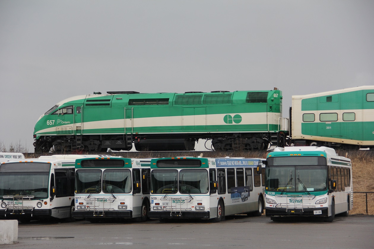 Go 657 EB sits at Thickson road on Good Friday. Not so good on GO Transit though. Single tracking to and from Oshawa station, with a down signal block. Switches having to be placed manually, lined and locked for the route to be used causing delays and a comedy show as well. One crew men's switch key not opening the lock, a rusted keeper requiring two crewmen to replace and a signal maintainers radio malfunctioning. After an hours delay two east bounds are finely given a track warrant to proceed to Oshawa.