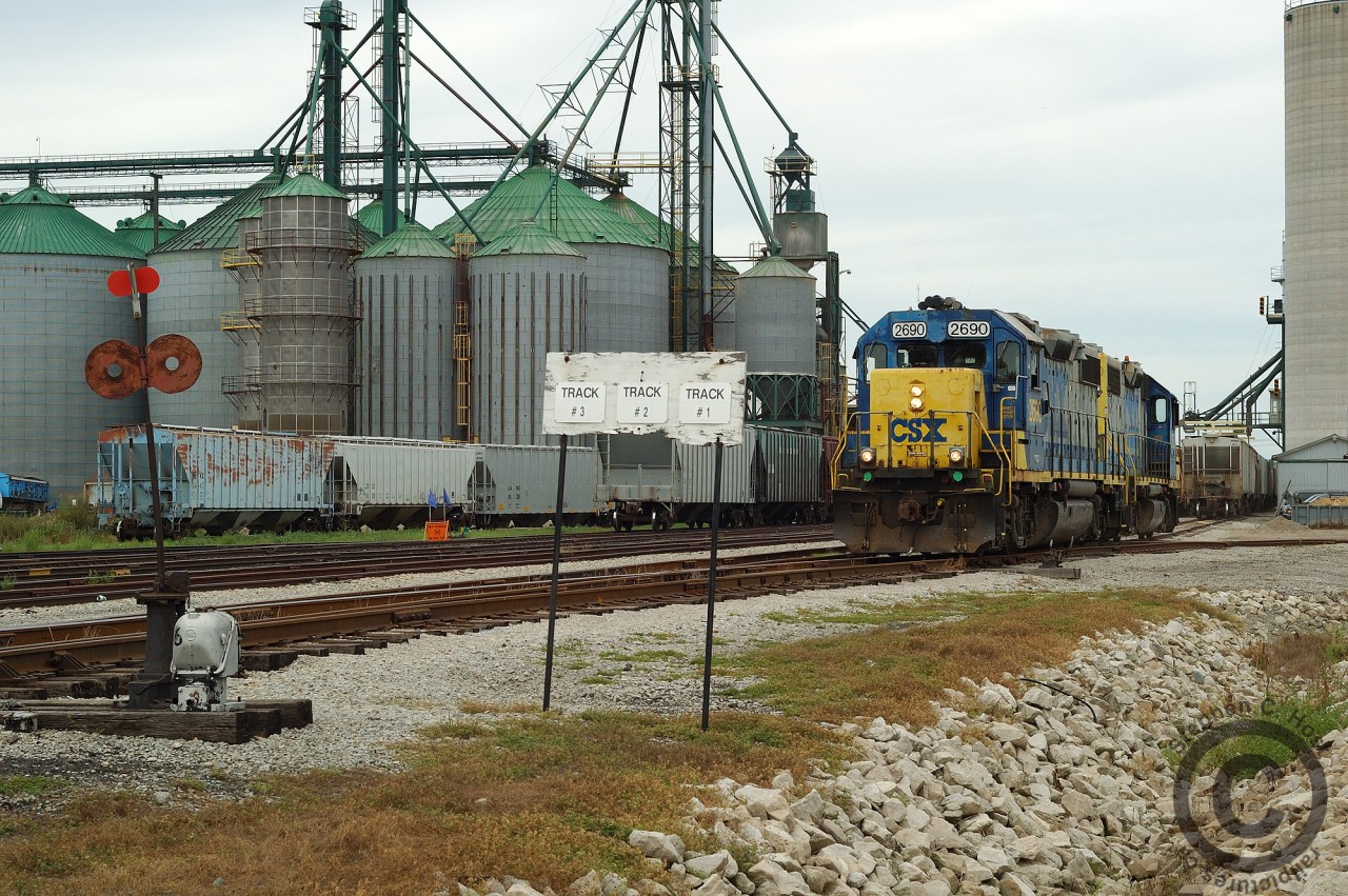 In response to Geoff Elliott's great photos of the CSX in the early 90's - I submit some far away CSX Branchline action - as far as you could get from Sarnia when I started to pay attention. Seen here is the sprawling W.G. Thompson facility at Blenheim, being switched by train D724 (Chatham to Blenheim, return to Sarnia). A few neat details found in this scene

* Ancient tall Switchstand, likely dates to building of the line and found throughout the former #1 Subdivision
* Dwarf signal - remnant of CTC which was installed on the former #1 Subdivision from Pelton to Ridgetown (MBS/OCS from Ridgetown to St. Thomas) - CTC removed sometime in the mid 90's
* W.G Thompson was set up to load unit trains, and did so a few times per year with just about anything from the CSX roster. Unit train loading has ceased upon CN taking over Blenheim in Feb '06.
Looking foward to others who share mainline and branchline action from the CSX, Chessie System, C&O and possibly the Pere Marquette in Canada - we're more than just CN and CP, right? :)
